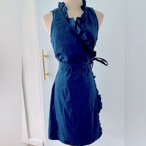 Loft Navy Tie-wrap dress with ruffles. Cotton Size 8